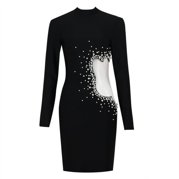 Black Fashion Temperament Mesh Stitching Bandage One-piece Dress Long Sleeve Dress - Image 6