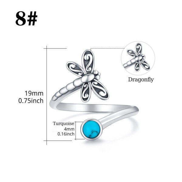 925 Sterling Silver Dragonfly Open Ring Turquoise Cute Animal Jewelry - Image 4