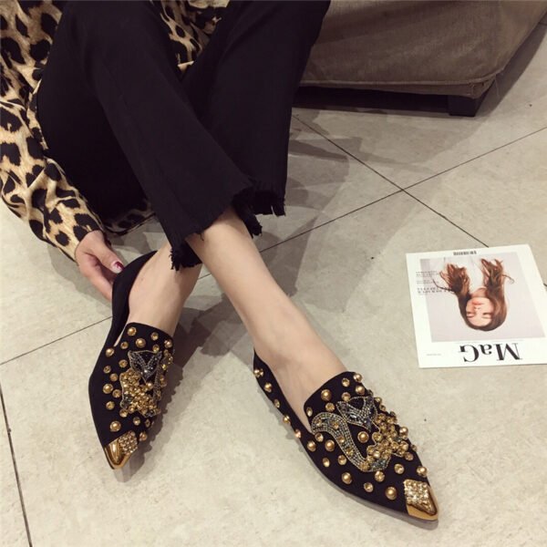 Women's Rhinestone Pointed Toe Rivet Flat Shoes - Image 9