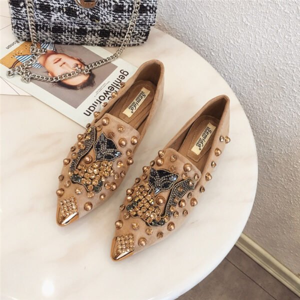 Women's Rhinestone Pointed Toe Rivet Flat Shoes - Image 7