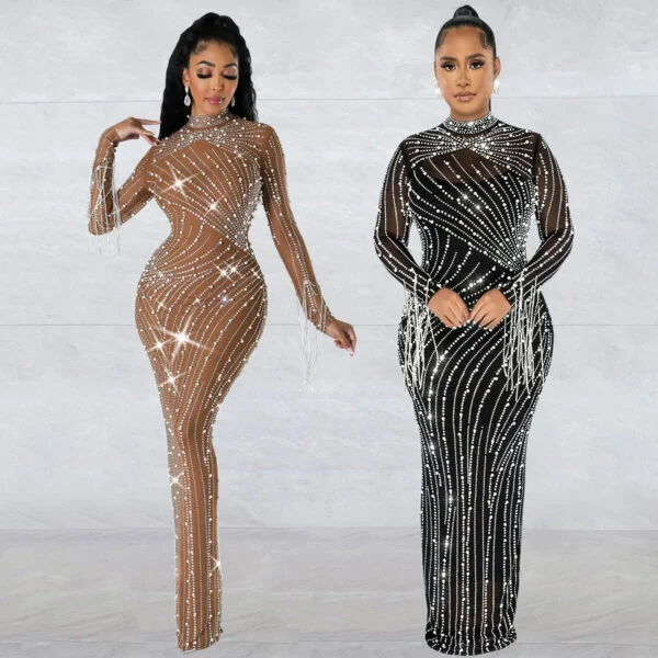 Women's Mesh Rhinestone Long Dress