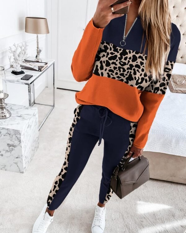 Zipper Decorations Stitching Long-sleeved Top Pants Suit - Image 2