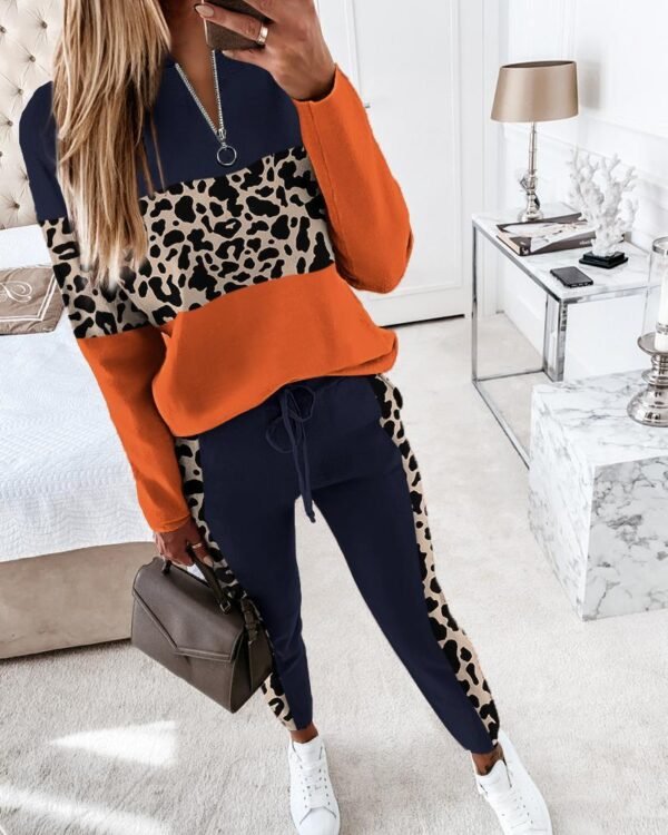 Zipper Decorations Stitching Long-sleeved Top Pants Suit - Image 3