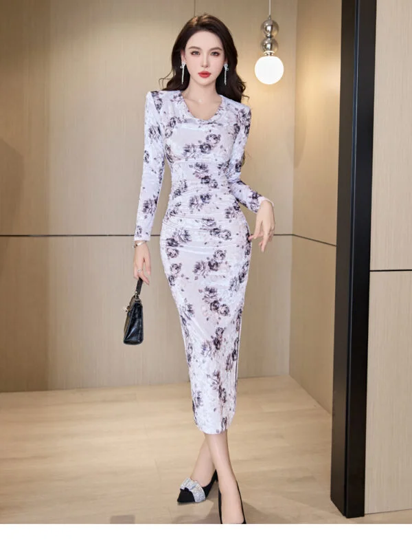 Autumn And Winter Velvet Printed Bottoming Mid-length Slim-fit Long-sleeved Temperament Female Dress - Image 9