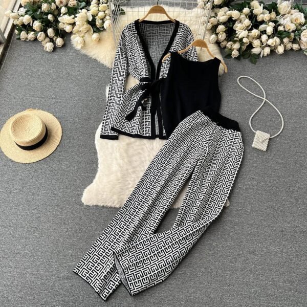 Exotic Printed Casual Suit Women's Inverness V-neck Base Knitwear Wide Leg Pants Three-piece Suit - Image 5