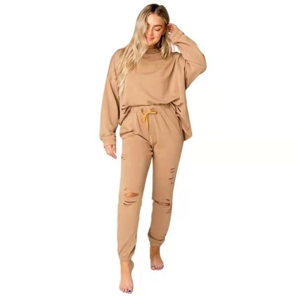 Women's Solid Color Ripped Round Neck Pullover Pants Casual Long Sleeve Sweatshirt Cotton Suit - Image 7