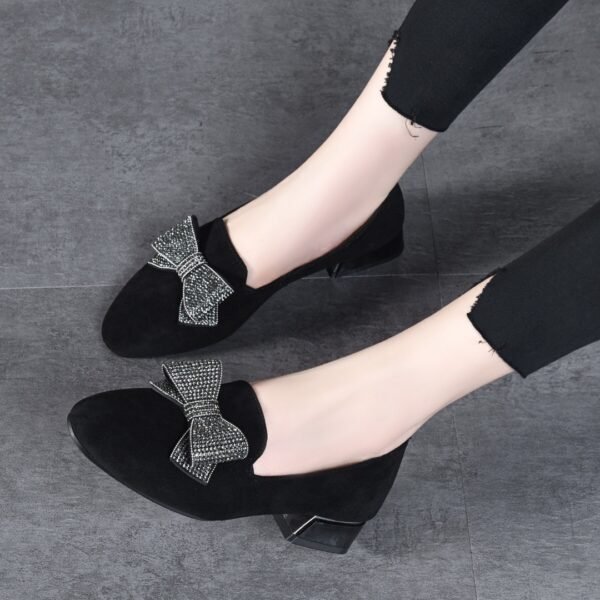 All-matching Round Toe Rhinestone Bow Leather Shoes - Image 2