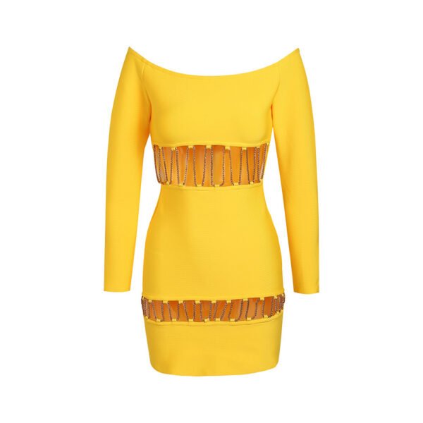 Yellow Long Sleeved Hollowed Out Chain Bandage Mini Dress - Image 3