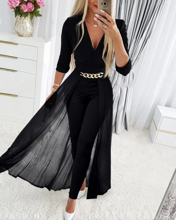 Black Mesh V-neck Patchwork Jumpsuit - Image 6