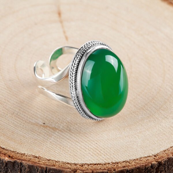 925 sterling silver Thai silver natural green chalcedony ring vintage index ring female exaggerated gemstone ring - Image 3