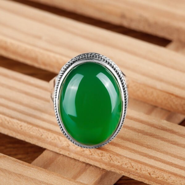 925 sterling silver Thai silver natural green chalcedony ring vintage index ring female exaggerated gemstone ring - Image 4