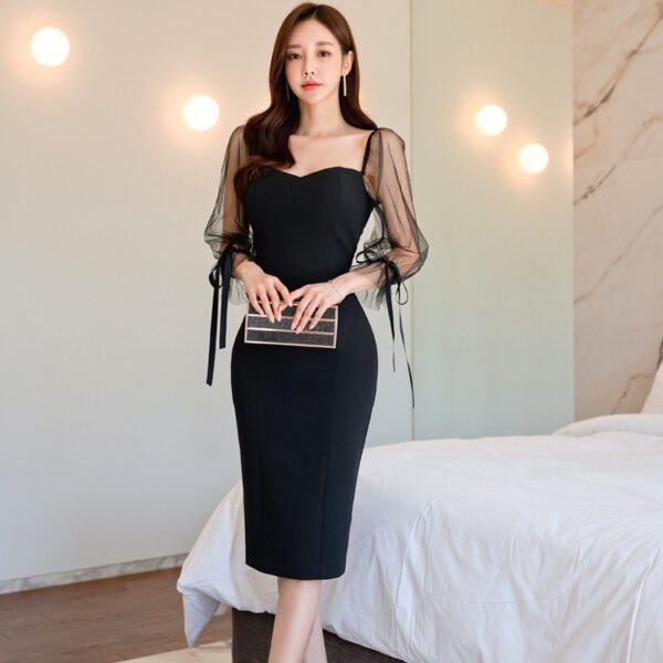 Autumn Winter Sexy Mesh Stitching Tied Dress - Image 2