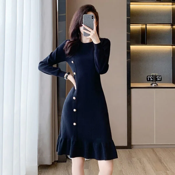 Black Dress Women's New Long Sleeve Base Knitting - Image 9