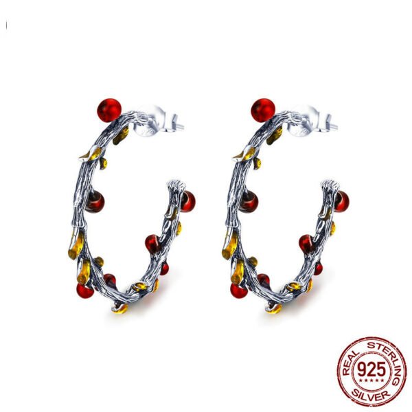 925 Sterling Silver Autumn Plant Withered Tree Leaves Hoop Earrings - Image 4