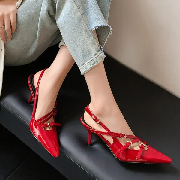 Belt Buckle Pointed-toe Red High Heels Women's Stiletto Heel Fairy Style - Image 2