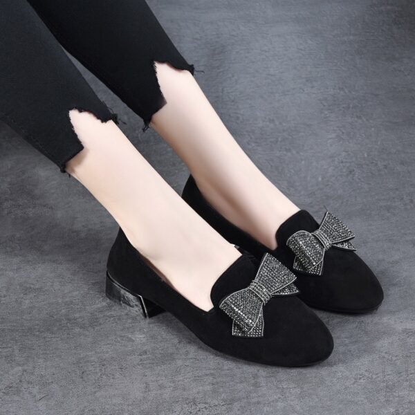 All-matching Round Toe Rhinestone Bow Leather Shoes - Image 4