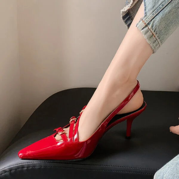 Belt Buckle Pointed-toe Red High Heels Women's Stiletto Heel Fairy Style - Image 7