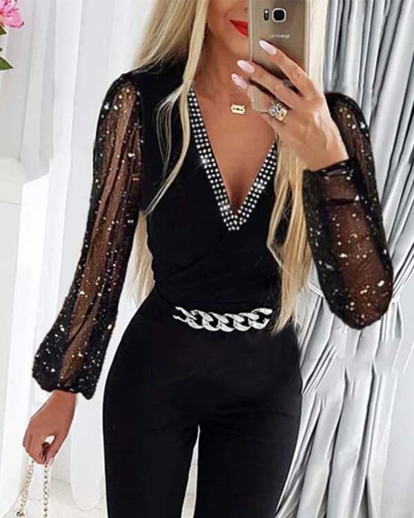 Women's V-neck Rhinestone Mesh Jumpsuit - Image 2