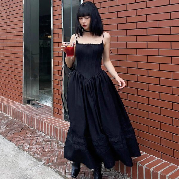 American Lace-up Bow Collar Solid Color Graceful Slip Dress Women - Image 4