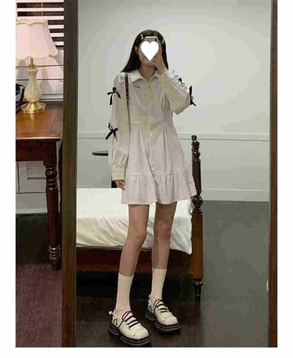 Bow Shirt Dress Women Polo Collar White Long Sleeve Short Dress - Image 8