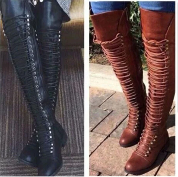 Women's Retro Pu Cross Strap Block Heel Knee High Boots - Image 3