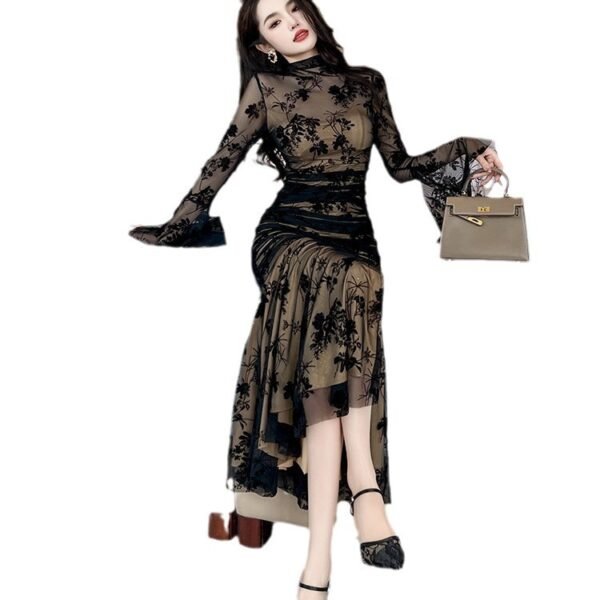 Bell Sleeve Slim Fit Slimming Women French Mesh Dress - Image 5