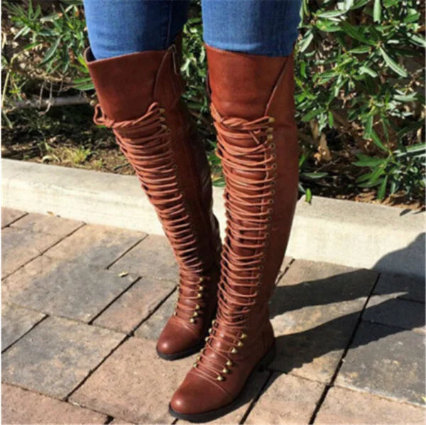 Women's Retro Pu Cross Strap Block Heel Knee High Boots - Image 5