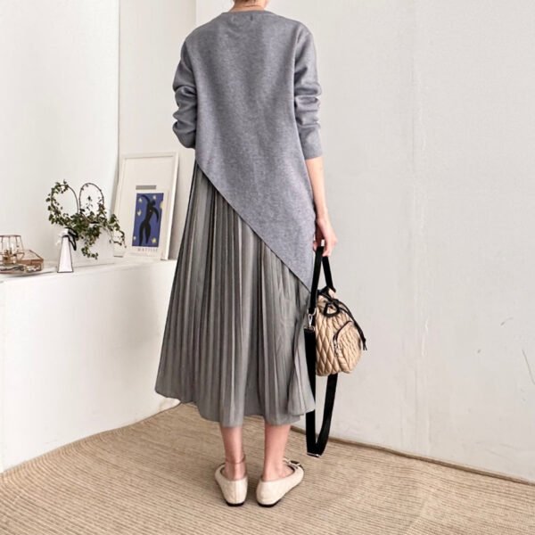 Autumn Elegance Retro Round Neck Irregular Design Loose Casual Patchwork Pleated Dress Women - Image 5