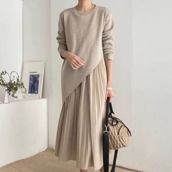 Autumn Elegance Retro Round Neck Irregular Design Loose Casual Patchwork Pleated Dress Women - Image 8