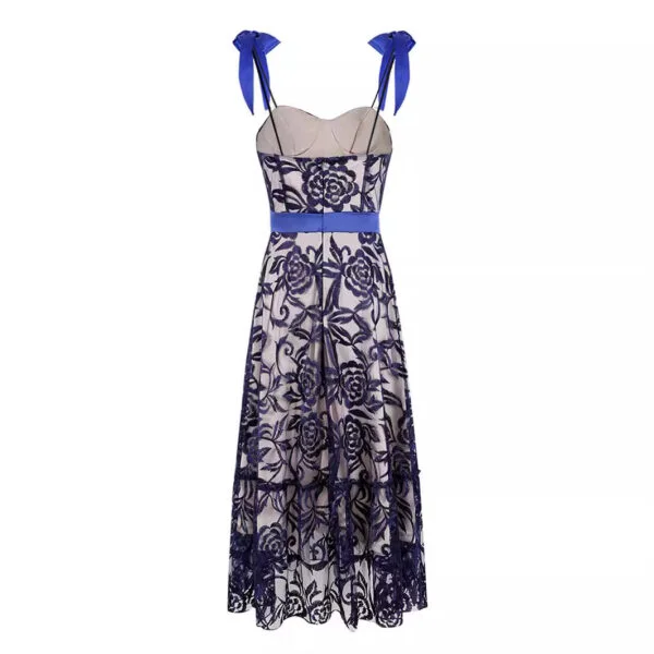 Blue Embroidered Printed Sling Backless Long Women's Dress - Image 4