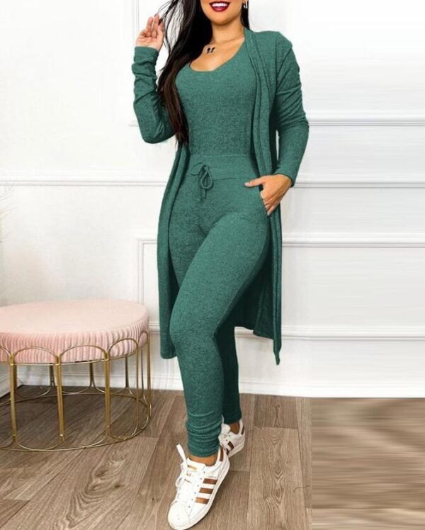 Women's Casual Suit High Waist Slip-on Casual Pants Drawstring Pocket Design Jumpsuit And Cardigan Cover - Image 7