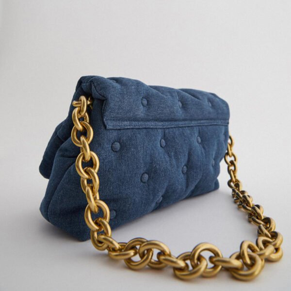 Blue oversized denim quilted shoulder messenger bag chain bag - Image 3