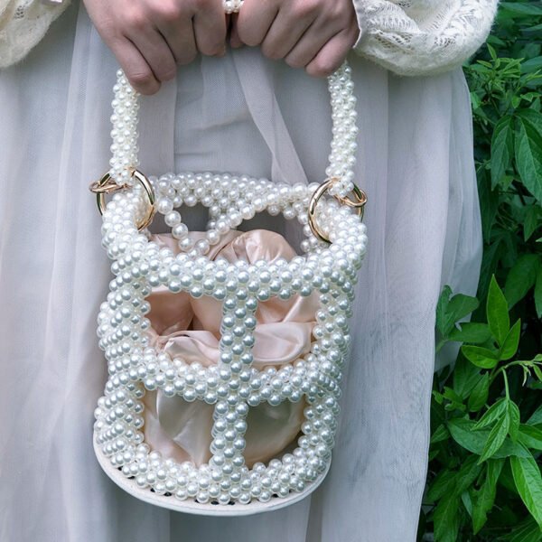 Beaded Hollow Round Women's Handbag Imitation Pearl Bucket Bag - Image 6