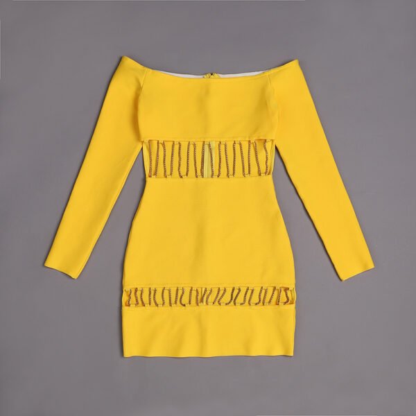 Yellow Long Sleeved Hollowed Out Chain Bandage Mini Dress - Image 6