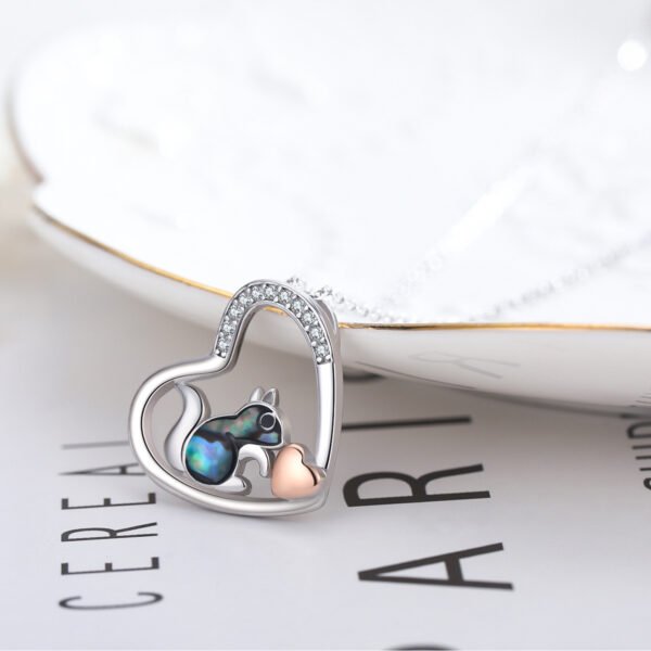 925 Sterling Silver Squirrel Abalone Shell Cubic Zirconia Cute Animal Heart Pendant Necklace - Image 2