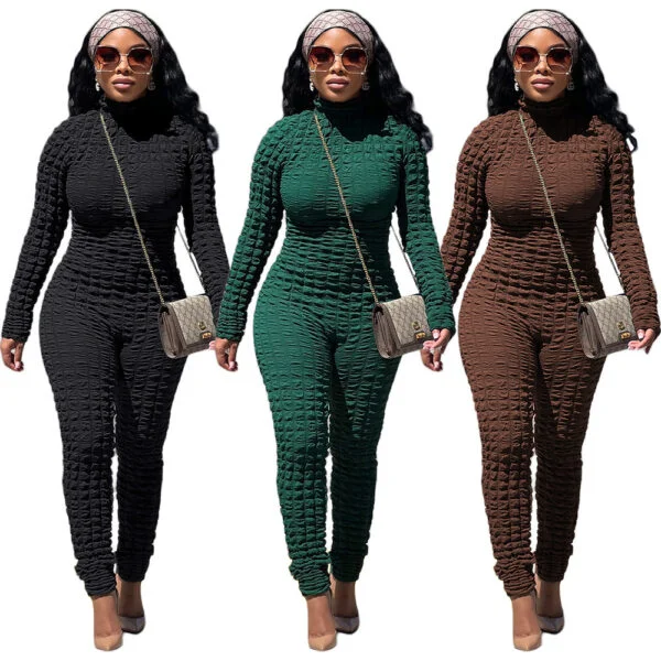 Autumn And Winter Casual Bubble Cloth Printed Round Neck Slim Jumpsuit Female - Image 2