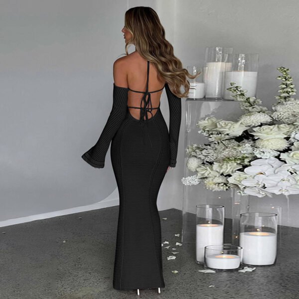 Back Lace Up Slim Fit Hollow Long Sleeve Dress - Image 3