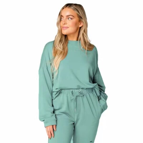 Women's Solid Color Ripped Round Neck Pullover Pants Casual Long Sleeve Sweatshirt Cotton Suit - Image 10