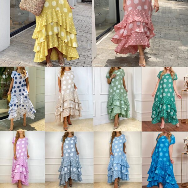 Round Neck Polka Dot Swing Long Dress Women