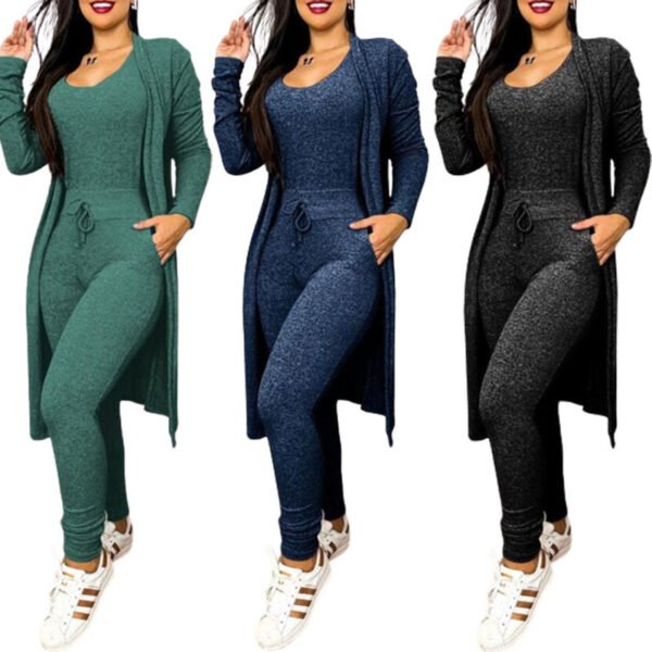 Women's Casual Suit High Waist Slip-on Casual Pants Drawstring Pocket Design Jumpsuit And Cardigan Cover - Image 2