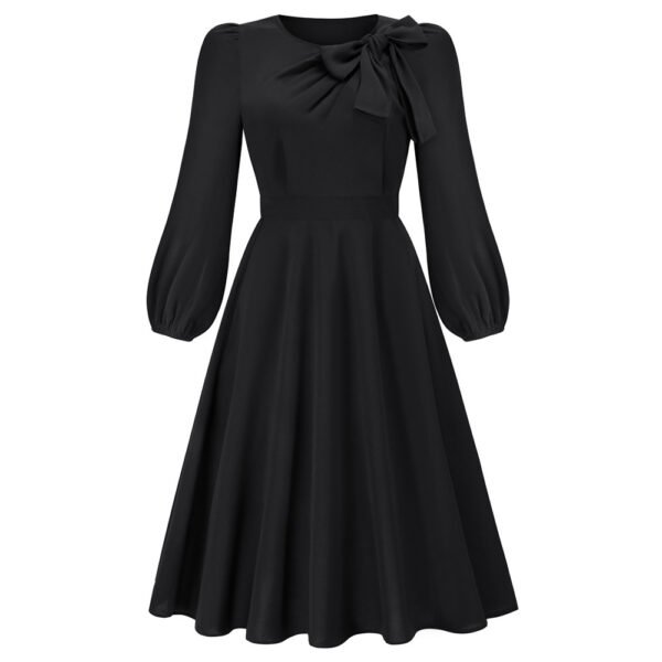 Autumn And Winter Long Sleeve Round Neck Bowknot Dress - Image 8