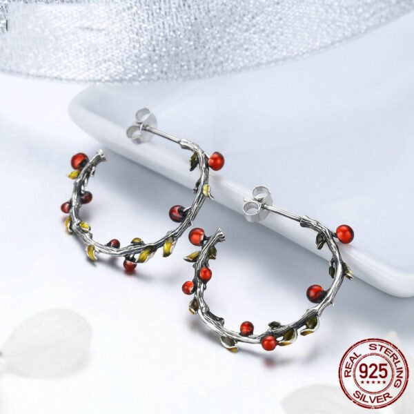 925 Sterling Silver Autumn Plant Withered Tree Leaves Hoop Earrings - Image 5