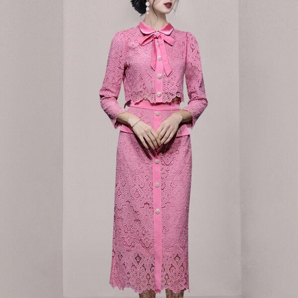 Refined Handmade Lace  Cutout Top Shirt High Waist Long Skirt Fashion Dopamine Wear Match Suit - Image 4