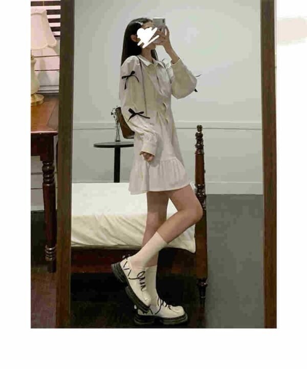 Bow Shirt Dress Women Polo Collar White Long Sleeve Short Dress - Image 9