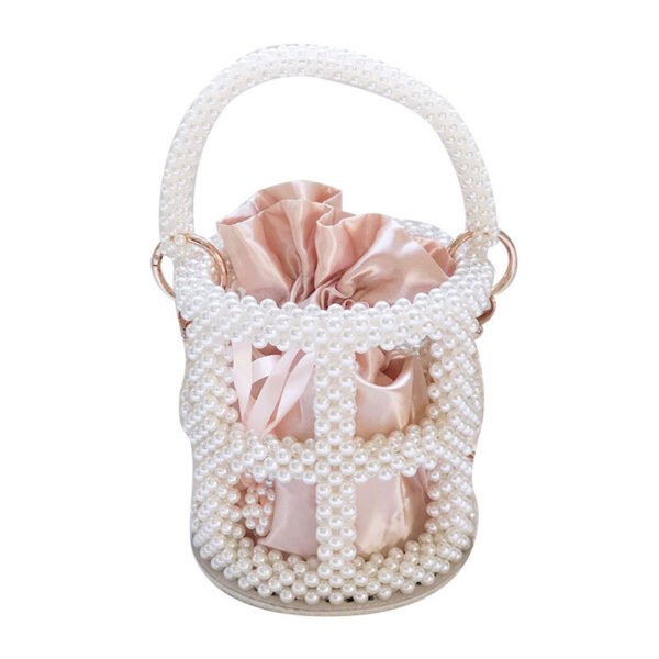 Beaded Hollow Round Women's Handbag Imitation Pearl Bucket Bag - Image 4