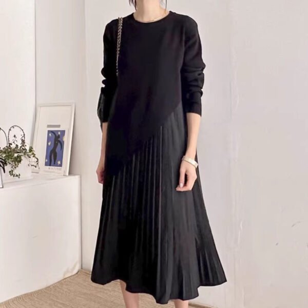 Autumn Elegance Retro Round Neck Irregular Design Loose Casual Patchwork Pleated Dress Women - Image 7