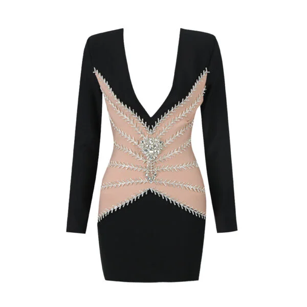 Autumn And Winter Graceful Fashion  Rhinestones Tassel Women's V-neck Bandage One-piece Dress - Image 5