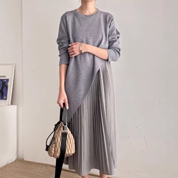 Autumn Elegance Retro Round Neck Irregular Design Loose Casual Patchwork Pleated Dress Women - Image 3