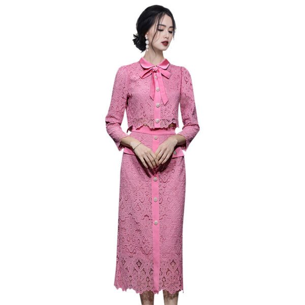 Refined Handmade Lace  Cutout Top Shirt High Waist Long Skirt Fashion Dopamine Wear Match Suit - Image 5