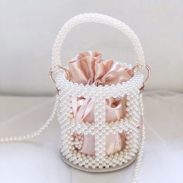 Beaded Hollow Round Women's Handbag Imitation Pearl Bucket Bag - Image 2